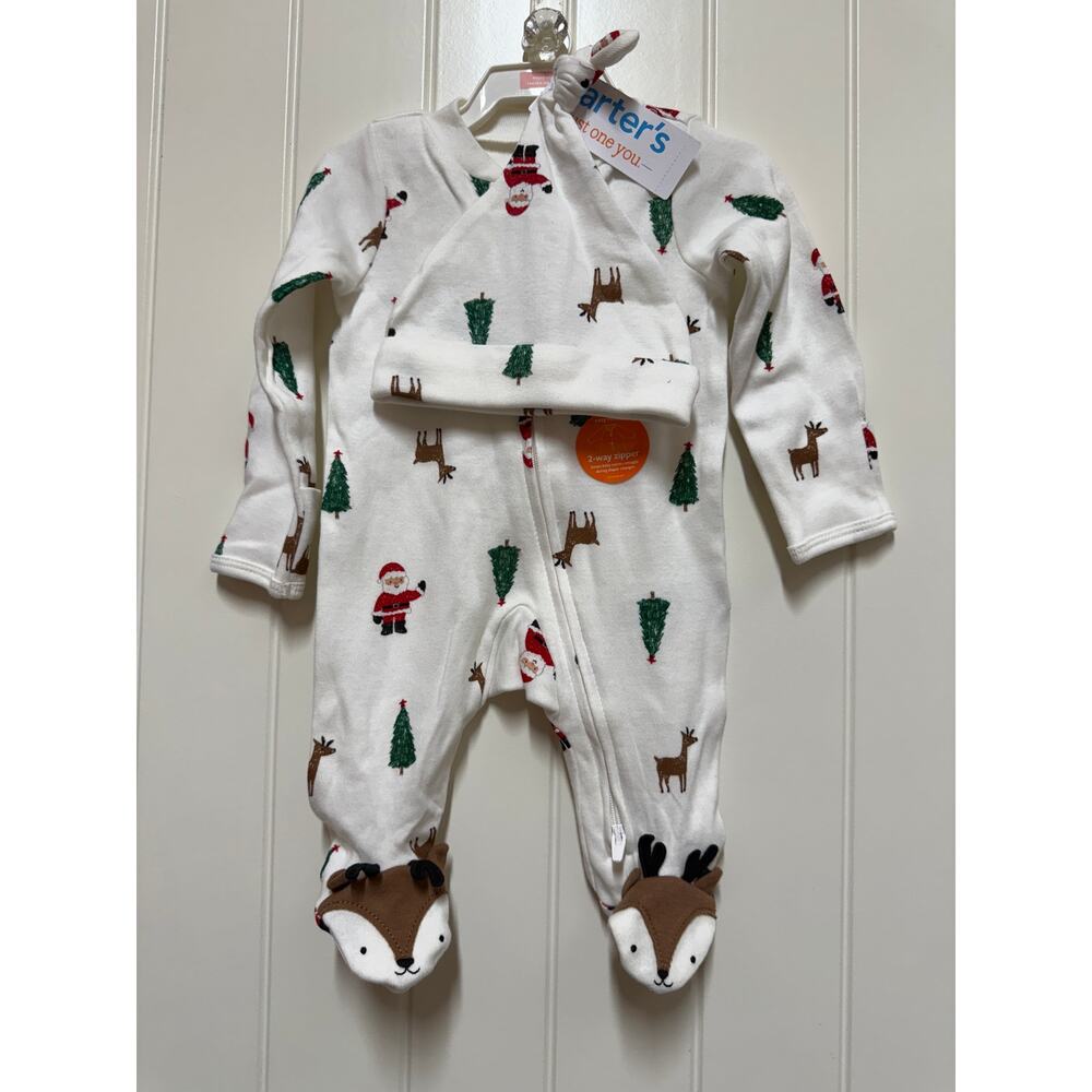 NWT Carters Pajama Christmas tree santa reindeer footie w/ matching hat newborn